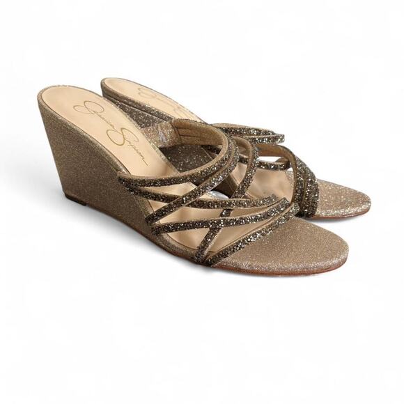JESSICA SIMPSON GOLD GLITTER EMBELLISHED STRAPPY WEDGE SANDALS 8.5 LIKE NEW. - Picture 3 of 8